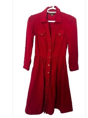 Fei An Anthropologie Vintage Size 0 Refined 100% Cotton Corduroy RED Shirtdress